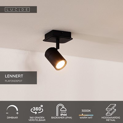 Lucide LENNERT - Plafondspot Badkamer - LED Dimb. - GU10 - 1x5W 3000K - IP44 - Zwart
